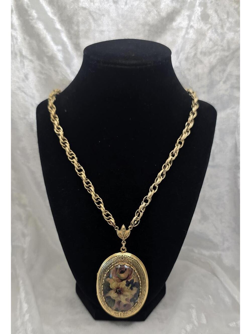 1928 Floral Locket Necklace Vintage Style Pendant Gold Tone Large Statement